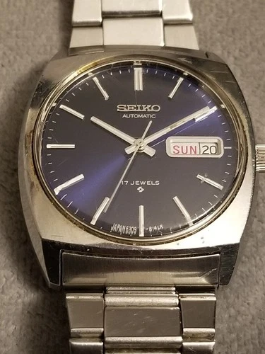 SEIKO Automatic 17J BIue Dial Day Date 35mm Watch 6309-8080 working 1978 VTG