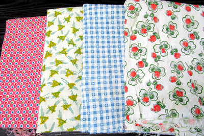 Vintage Lot 4 Assorted Pattern Fabrics Uncut Feed Sack c1950 Open Washed 36''x42''