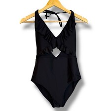 Aerie Black One Piece Full Coverage Swimsuit Ruffle Cutout Small