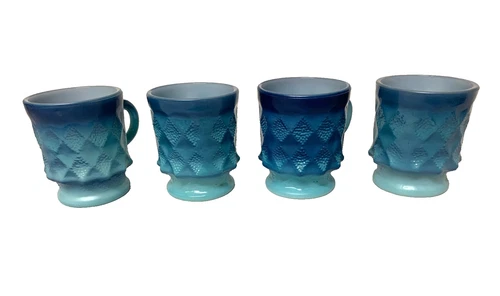 Vintage Anchor Hocking Fire King Blue Coffee Cup Mug Diamond Pattern Set Of 4