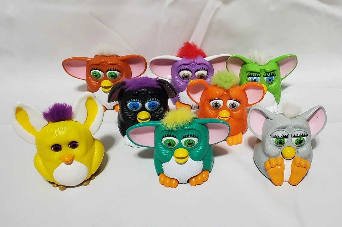 Vintage 1998 Furby Happy Meal Lot of 7 Toys + Burger King Collectible
