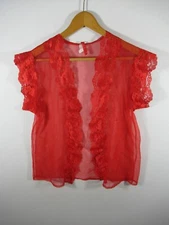 Vintage 80s Alana Gale Sheer Bed Jacket Women Large Red Mini Robe Nylon Lace