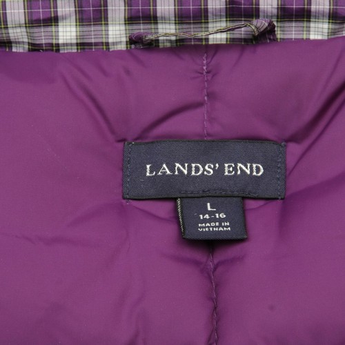 Lands End Purple Plaid Quilted Puffer Down Filled Vest Women L Casual Snap Close - Picture 3 of 6