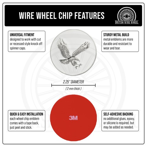 Eagle Chrome & White Metal Wire Wheel Chip Emblems, Size 2.25", Set or Single - Picture 3 of 21