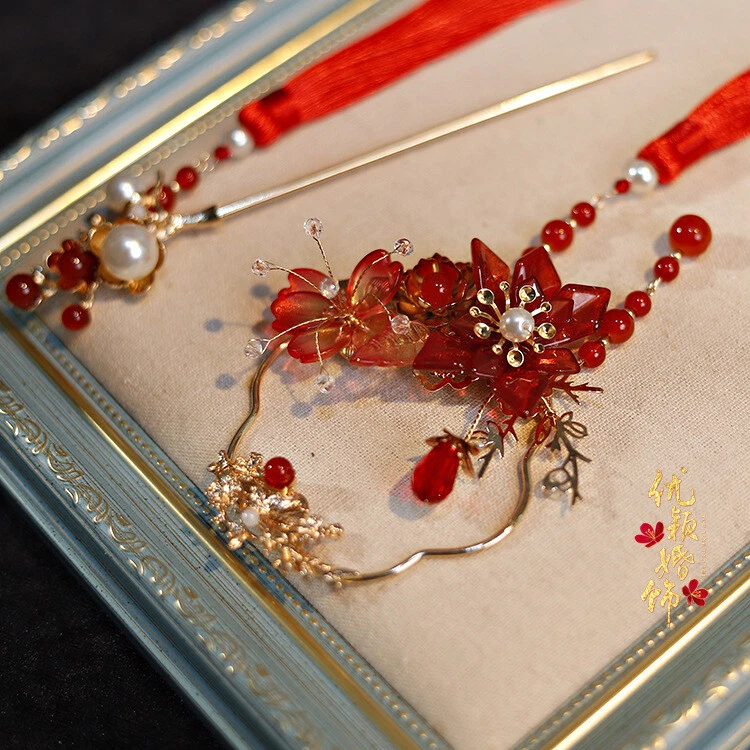 Red Chinese Hairpin Hair Ring Bride Wedding Hanfu Cheongsam Accessories Set - Image 3 of 4