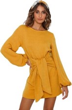 R.Vivimos Women's Cotton Long Sleeve Knitted Bodycon Tie Waist Sweater Dress S