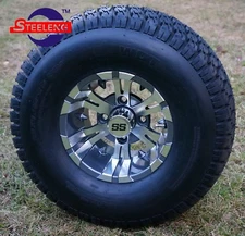 GOLF CART 10x7 GUNMETAL VAMPIRE WHEELS and 22x9.5-10 TURF/STREET TIRES(4) 