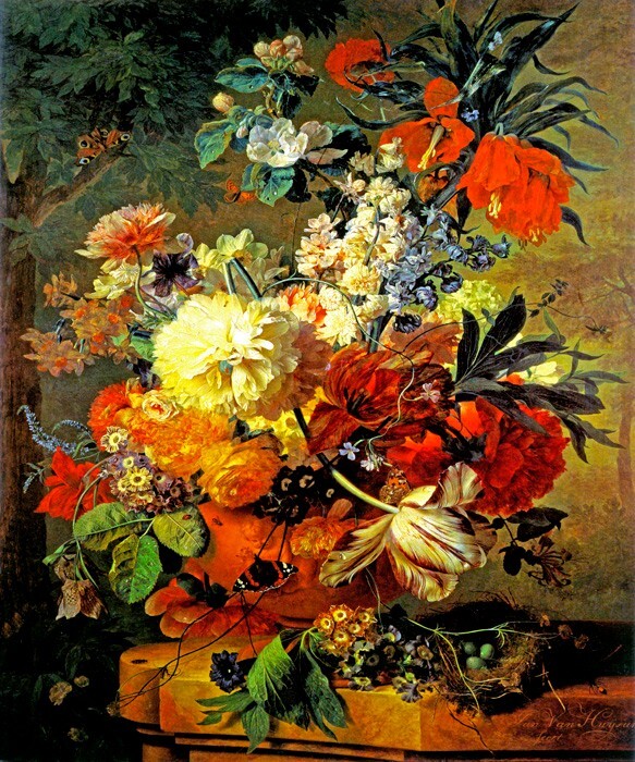 FLOWERS IN A VASE 1726 BUTTERFLY STILL LIFE PAINTING BY JAN VAN