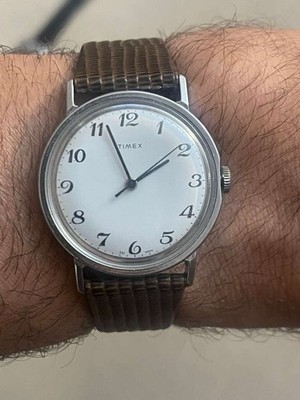 Timex Vintage Mechanical Wind Arabic Numerals Lizard Band sunning white dial