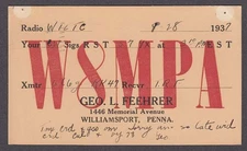 W8MPA George Feehrer 1446 Memorial Avenue Williamsport PA QSL postcard 1937