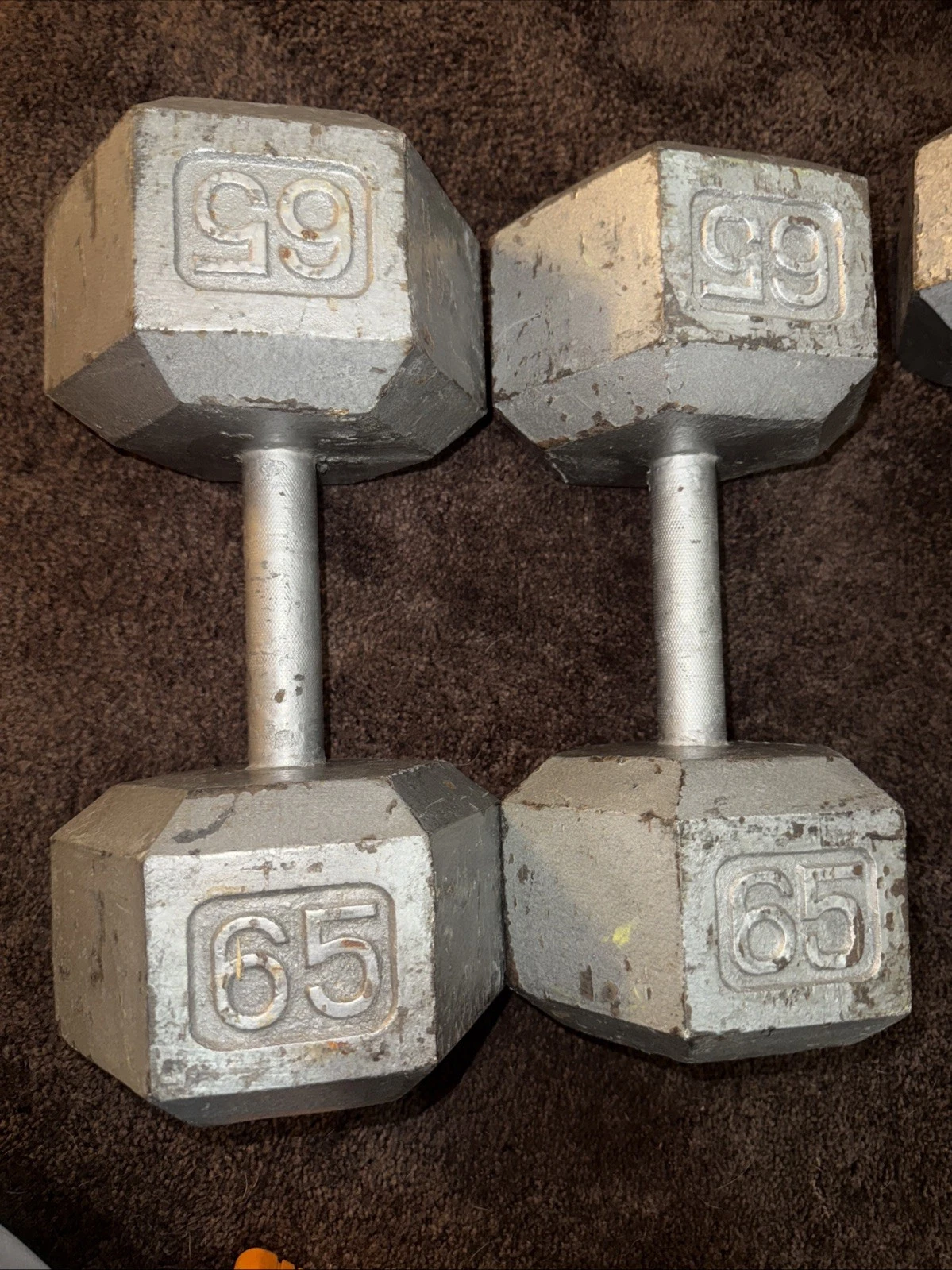 65 lb Pair Hex Cast Iron Dumbbells 130 lbs Total Used Iron Steel Hand Weights