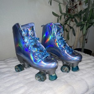 Holographic Blue Quad Roller Skates Size 8 Stylish Shiny Metallic Finish