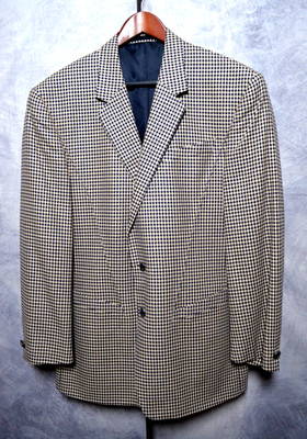 RARE Thierry Mugler ''80's Producer'' Argyle Houndstooth Silk Suit 52IT Tan/Blue