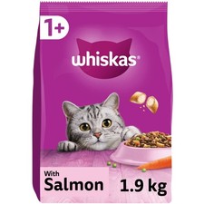 7.6kg Whiskas 1+ Adult Complete Dry Cat Food Salmon Cat Biscuits (4x1.9kg) 4.25 per kilo