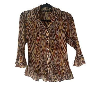 Essentials Milano PM Ikat Retro Trippy Hippie Long Sleeve Flutter Button Blouse