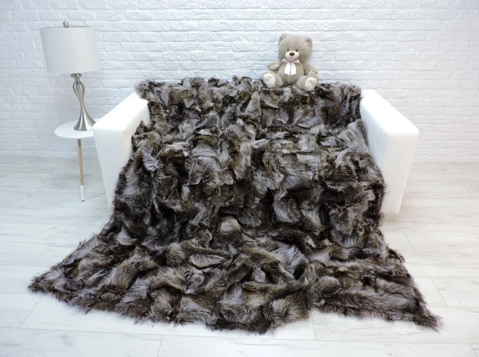 Waschbär Pelz Decke : King Size Patchwork Grau Fell Überwurf, Glamour Dekor 347 - Bild 3 von 4