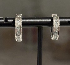 White Gold Plated CZ Huggie Hoop Earrings Princess Cut Channel Set, Minimalist