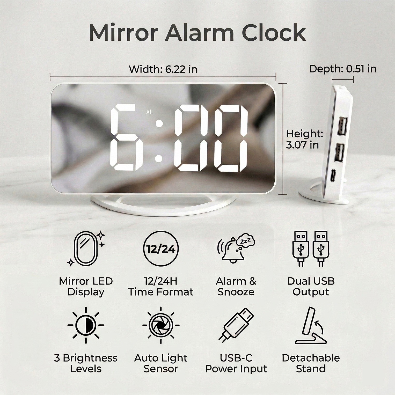 Mirror LED Alarm Clock Dual USB Charging Auto-Dimming Touch Snooze Type-C White