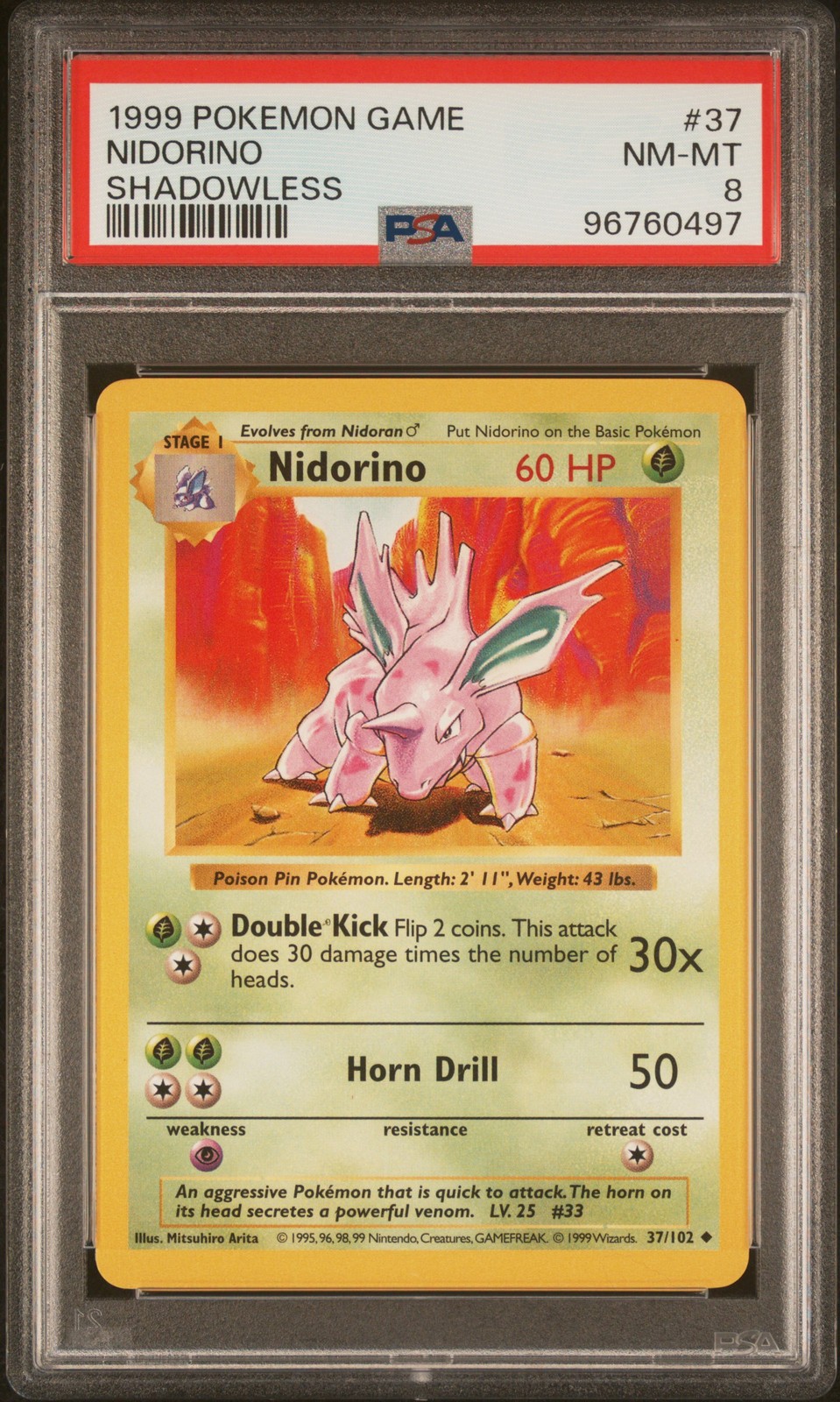 1999 POKEMON BASE SET SHADOWLESS #37 NIDORINO PSA 8