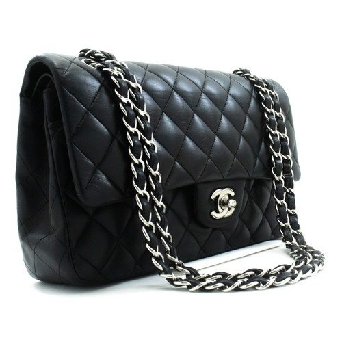 am5 CHANEL Authentic Classic Double Flap 10" Chain Shoulder Bag Black Lambskin