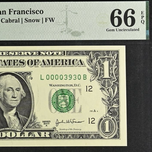 2003A $1 Federal Reserve Note PMG 66EPQ popular wanted low serial number 3930