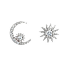 Women 925 Sterling Silver Moon Sun Stud Earrings Cubic Zirconia CZ Gift Box PE25