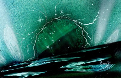 Painting of a Cosmic Green Landscape artwork signed with matte by Jason Girard