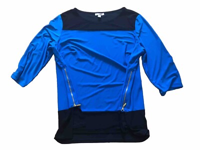 Roz & Ali Blouse Top Womens Size 1X Side Zip  3/4 Sleeve Blue Stretch Crew Neck