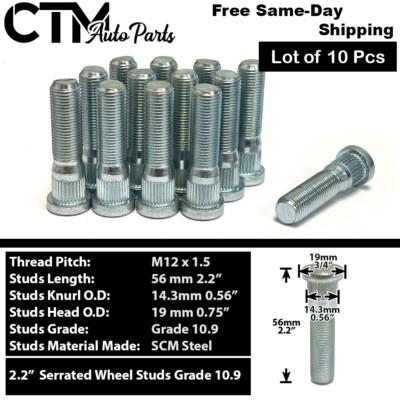 10x Grade 10.9 Serrated Wheel Stud 12x1.5, 0.56''(14.3mm) Knurl 2.2''(56mm) Length