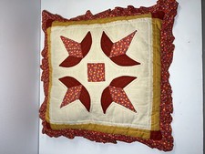 Vintage Cottage Core Handstitched Pillow Quilted Red Floral Ruffles Cotton