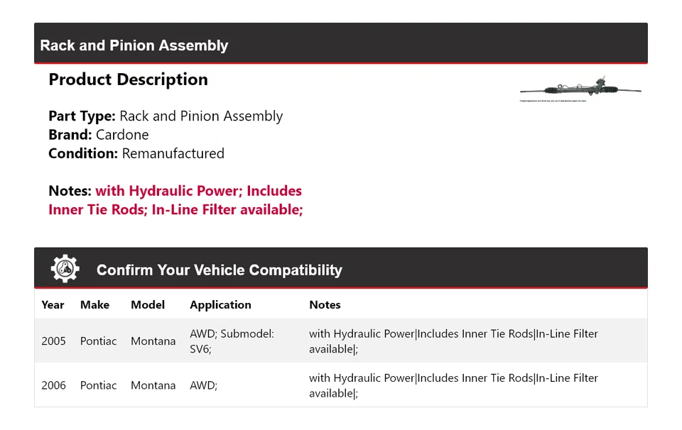 Conjunto de piñón y cremallera Cardone para Pontiac Montana 2005-2006 AWD Foto 2 de 4