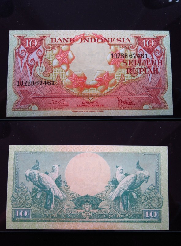 Indonesia 10 Rupiah 1959 P66 Unc i7461 Flower Bird Cockatoos Series Bank Money