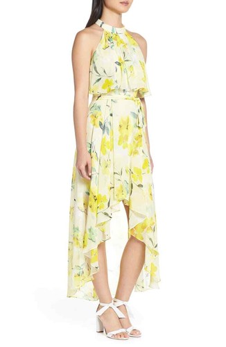 ELIZA J Yellow Floral Halter Popover Ruffle Asymmetric Midi Dress 18 = XL 1X 💛 - 第 4/6 張圖片