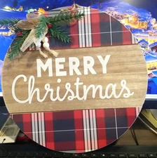 MERRY CHRISTMAS MULTICOLOR ROUND WOOD SIGN DECR WALL/DOOR PLAQUE, 12" x 12"