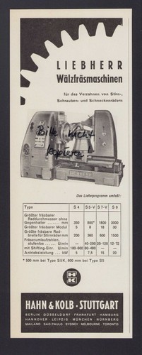 STUTTGART, Werbung 1956, Hahn & Kolb Liebherr Wälzfräsmaschinen