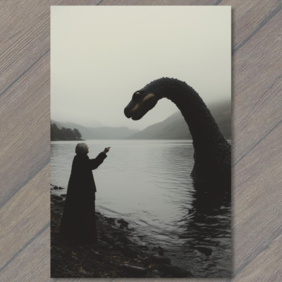 Art Print  Loch Ness Creature Lady in Mysterious Misty Lake Serene Fog Fantasy