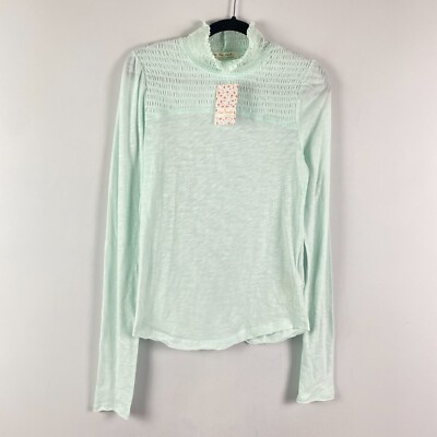 Free People Caroline Mock Neck Top Womens Medium Iced Aqua Smocked
