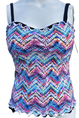 Profile Gottex Tankini Top 34D Swimsuit Multi Color Attach Bra Ruffled Trim NWT