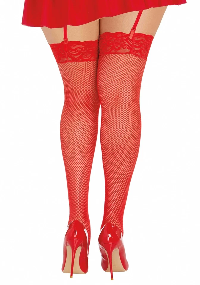 womens Plus Size Lace Top Fishnet Thigh High adult exotic hosiery Red Q S US - Image 2 of 2