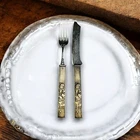 Kozuka Gorham Sterling Mixed Metal Fruit Knife Dessert Fork Scholar 19th c Antiq
