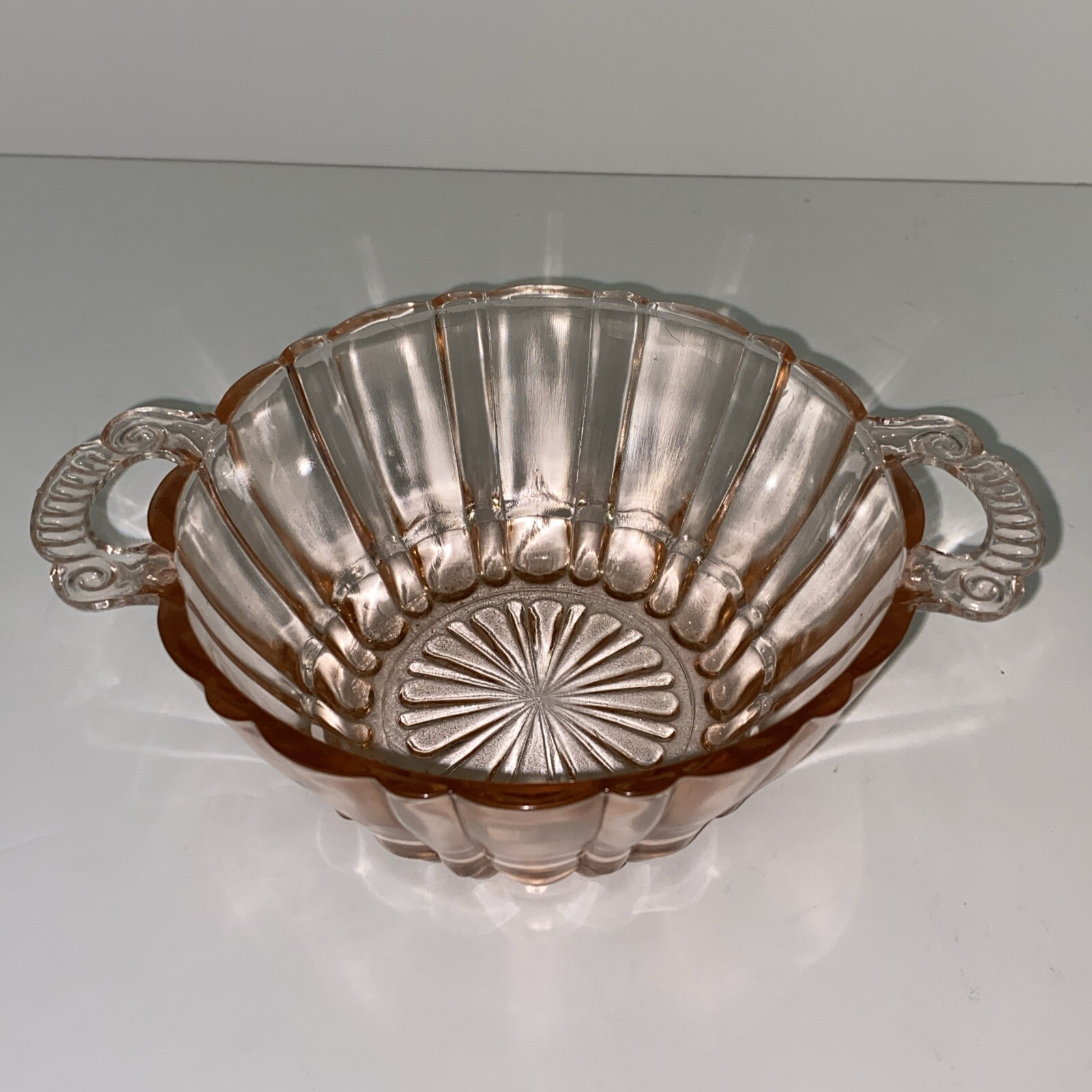 Vintage Pretty “Fluorescent Pink” Depression Glass Bowl Dish w/Handles