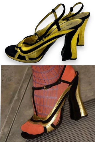 PRADA S/S 2008 Runway Fairy Collection Black Gold Metallic Suede Heels EU 38 7.5