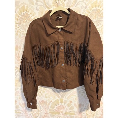 H&M Divided Brown Faux Suede Fringe Western Jacket Womens XL Cropped Snap Front