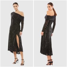 Ieena for Mac Duggal Black One Shoulder Sequin Long Sleeve Midi Dress Size 10