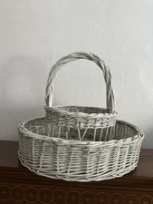 Ancien grand panier de marché français en osier blanc peint - avec poignée solide