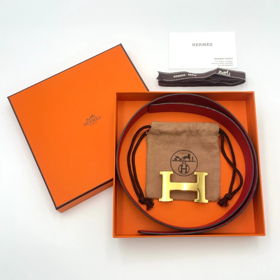 Auth Hermes H-Belt GD70 circle Y engraved Leather green red W/Box BA110116 - Image 2 of 4