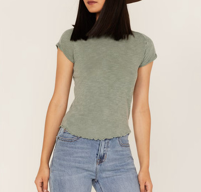 Free People Laurel Green Short Sleeve Lettuce Hem Be My Baby Cotton Tee Sz L