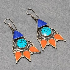 Tibetan Turquoise Coral Lapis lazuli Ethnic Nepali Jewelry Earrings 2.6" SR 5421