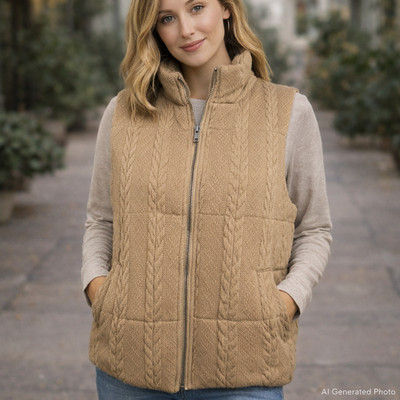 Hem & Thread Cable Knit Puffer Vest Tan Sweater Zip Front Large Pockets NWT