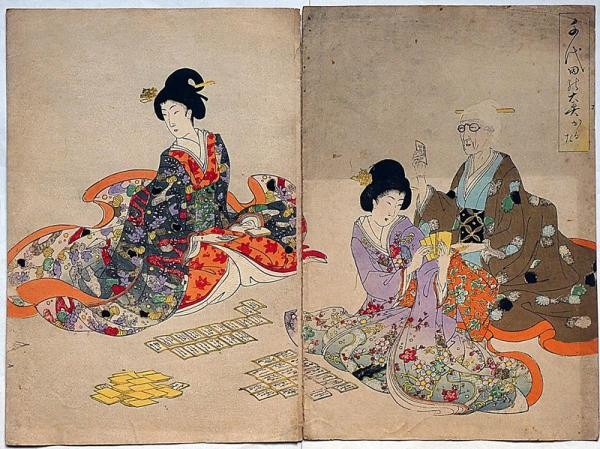 Chikanobu Meiji Woodblock Print Chiyoda Palace Ooku Karuta 2 Sheets Ukiyo e